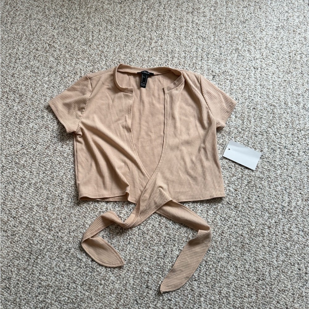 Beige Ribbed Tie-Front Top